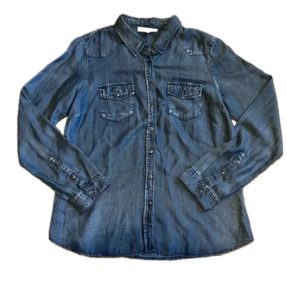 Love Stitch Dark Wash Blue Button Down Long Sleeve Denim Shirt | Size Large - Picture 1 of 12